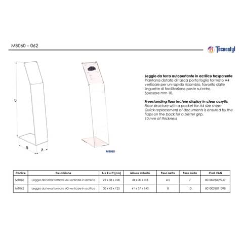 Espositore informativo a leggio TECNOSTYL A4 verticale in acrilico 22x38x108 cm trasparente - MB060